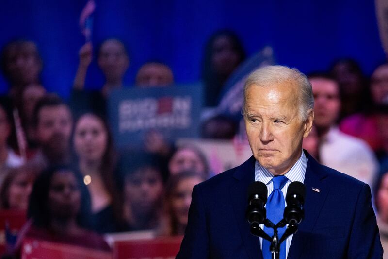 US President Joe Biden reacts to pro-Palestinian protesters at a campaign rally in Manassas, Virginia, last Tuesday. Bloomberg