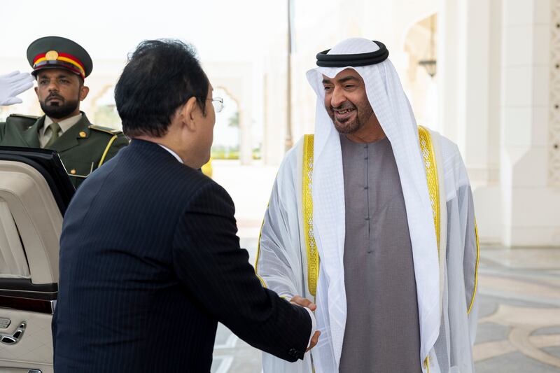 President Sheikh Mohamed receives Fumio Kishida, Prime Minister of Japan, during an official reception at Qasr Al Watan. Ryan Carter / Presidential Court