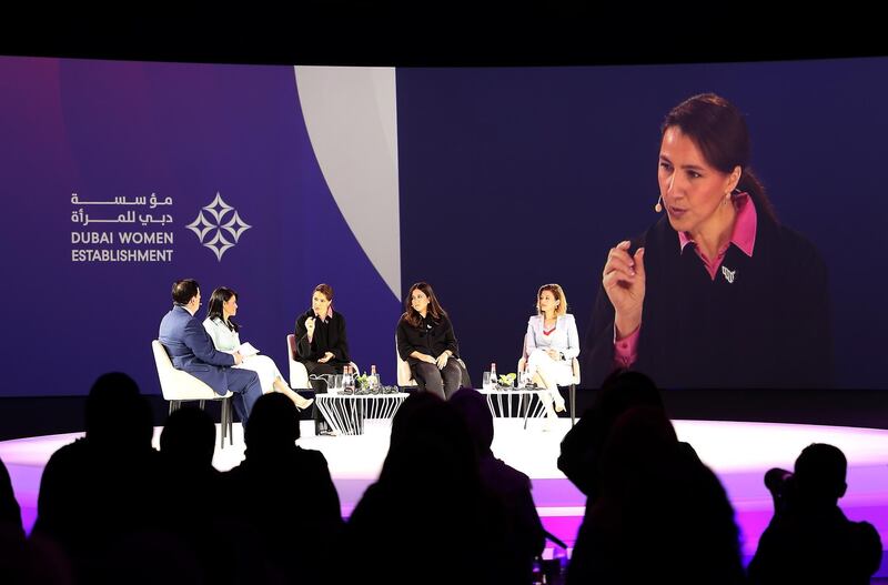 DUBAI, UNITED ARAB EMIRATES , Feb 17  – 2020 :-  Mariam Al-Muhairi, Minister of State for Food Security – UAE speaking during the session on ‘WOMEN LEADERS IN GOVERNMENT’ at the Global Women’s Forum Dubai held at Madinat Jumeirah in Dubai. (Pawan  Singh / The National) For News. Story by Kelly