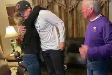 Apr 23, 2020; In this still image from video provided by the NFL, LSU quarterback Joe Burrow reacts after being selected as the number one overall pick in the first round of the 2020 NFL Draft to the Cincinnati Bengals. Mandatory Credit: NFL/Handout Photo via USA TODAY Sports