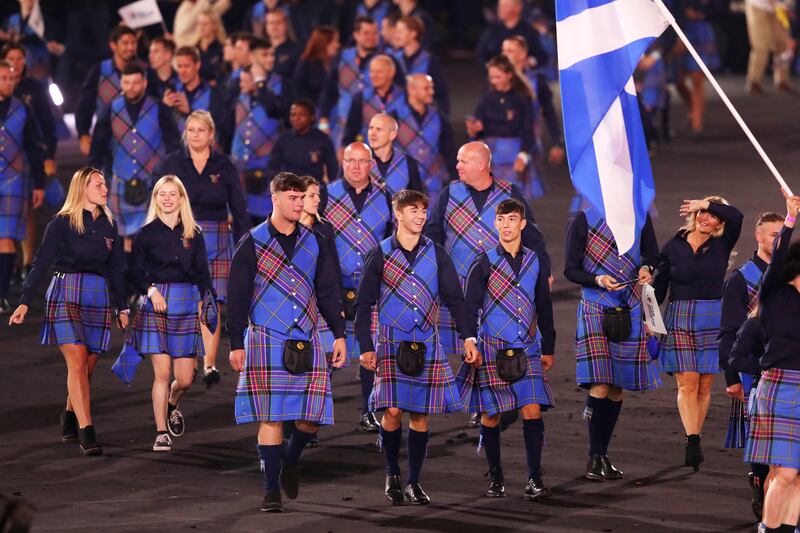 Team Scotland wore kilts to the ceremony with tartan patterns created by Scottish designer Siobhan Mackenzie. Getty Images