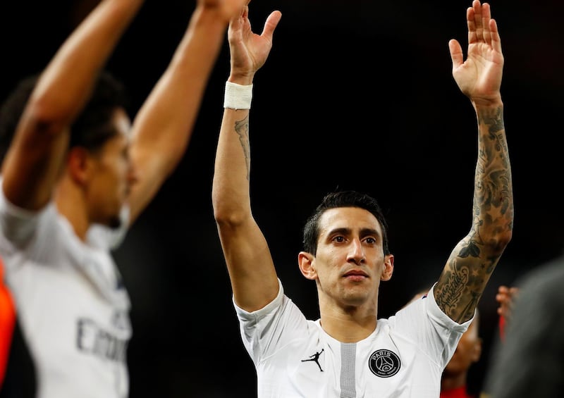 Paris Saint-Germain's Angel Di Maria celebrates at the end of the match. Reuters