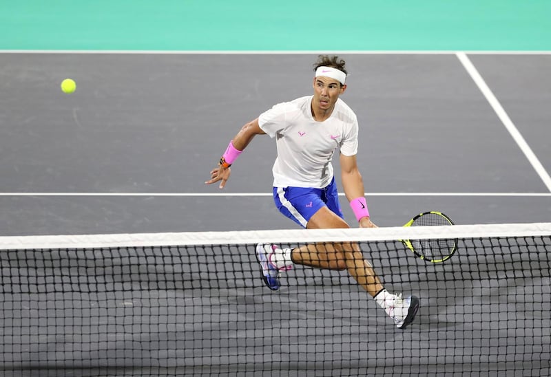 Abu Dhabi, United Arab Emirates - Reporter: Jon Turner: Rafael Nadal plays a shot during the final between Rafael Nadal v Stefanos Tsitsipas at the Mubadala World Tennis Championship. Saturday, December 21st, 2019. Zayed Sports City, Abu Dhabi. Chris Whiteoak / The National