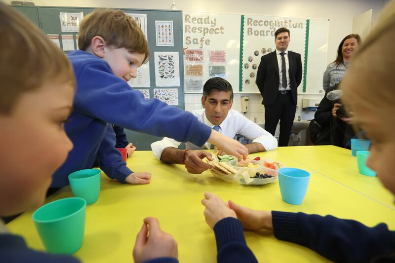 UK Prime Minister Rishi Sunak speaks to pupils in a school in Holywood, Northern Ireland, earlier this month. PA
