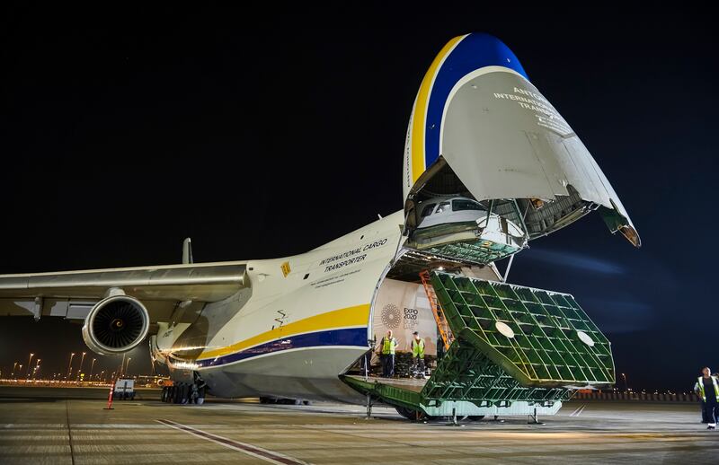 Projectors that will beam visuals on to the Al Wasl dome at Expo 2020 Dubai being loaded into a special cargo aircraft in Houston, Texas.