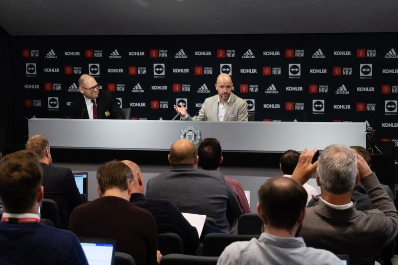 Newly appointed Manchester United manager, Erik ten Hag during a press conference at Old Trafford. PA