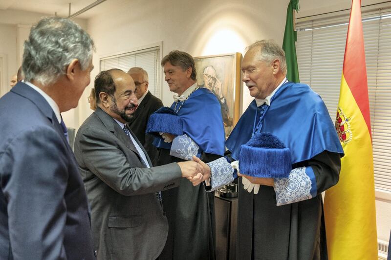 Sheikh Dr Sultan bin Muhammad Al Qasimi meets with officials before receiving his honorary doctorate. Courtesy Sharjah Media Office