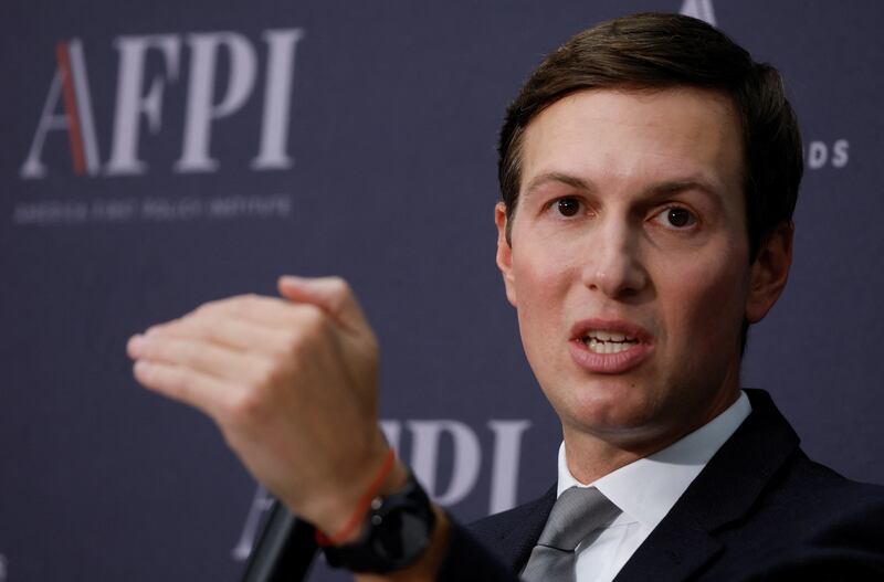 Jared Kushner, former senior advisor to the president during the administration of his father-in-law, former President Donald Trump, speaks about the Abraham Accords during an event at the Trump affiliated America First Policy Institute in Washington, September 12, 2022.   REUTERS / Evelyn Hockstein