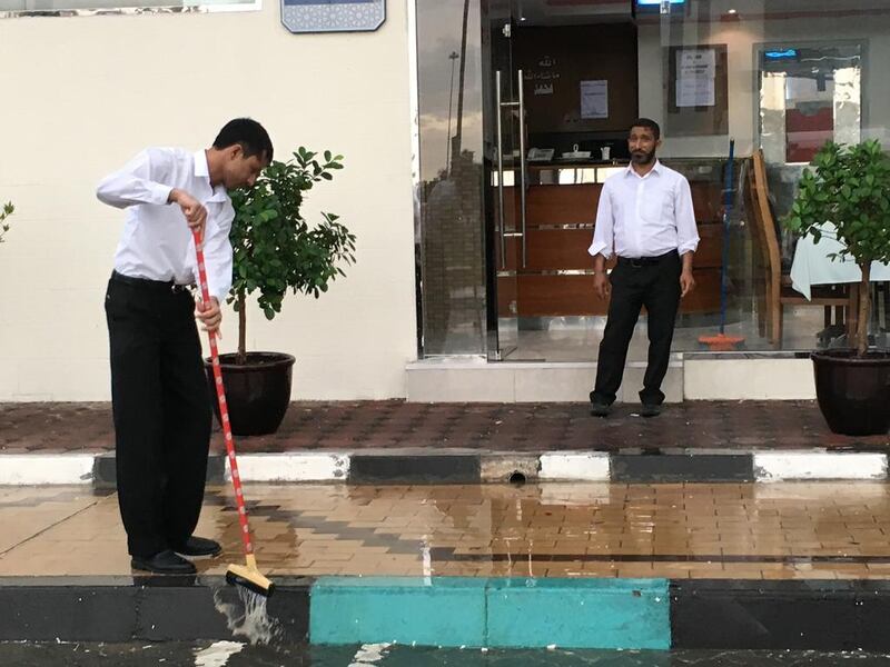 Aftermath of a massive rainstorm along Airport Road in Abu Dhabi. Liz Claus / The National