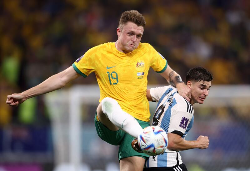 Harry Souttar of Australia battles for possession with Argentina's Julian Alvarez. Getty