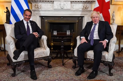 Britain's Prime Minister Boris Johnson, right, and Greek Prime Minister Kyriakos Mitsotakis, left, during a bilateral meeting in London earlier this month. Greece wants to attract more Britons to the country to visit, live, work and retire. Photo: EPA