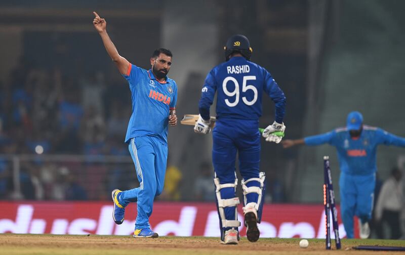 Mohammad Shami of India celebrates the wicket of England's Adil Rashid during their World Cup match at the Ekana Stadium in Lucknow on Sunday, October 29, 2023. Getty