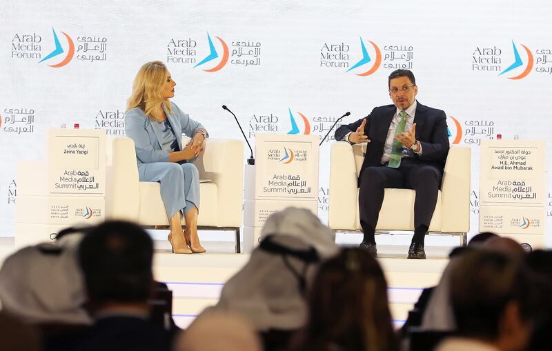 Ahmad Awad bin Mubarak, Prime Minister of Yemen, speaking at the Arab Media Summit held at Dubai World Trade Centre in Dubai. Pawan Singh / The National