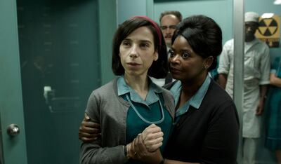 FILE - This file image released by Fox Searchlight Pictures shows Sally Hawkins, left, and Octavia Spencer in a scene from "The Shape of Water." The movie premieres at the Toronto International Film Festival which begins Thursday, Sept. 7, 2017. (Fox Searchlight Pictures via AP, File)