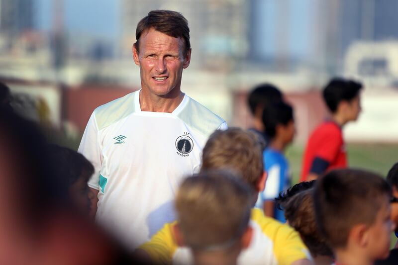 DUBAI, UNITED ARAB EMIRATES - - -  - - May 2/17 --- --- Teddy Sheringham, the former Manchester United and England striker, participated in a football coaching clinic at Dubai College in Dubai on Tuesday, May 2, 2017. Various age groups particiated in the event.  (  DELORES JOHNSON / The National  )  
ID: 43584
Reporter:  John Mcauley
Section: SP *** Local Caption ***  DJ-020517-SP-Teddy-43584-005.jpg