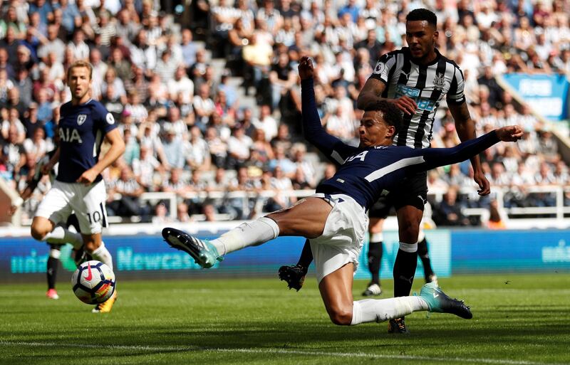 Football Soccer - Premier League - Newcastle United vs Tottenham Hotspur - Newcastle, Britain - August 13, 2017   Tottenham's Dele Alli scores their first goal    Action Images via Reuters/Lee Smith  EDITORIAL USE ONLY. No use with unauthorized audio, video, data, fixture lists, club/league logos or "live" services. Online in-match use limited to 45 images, no video emulation. No use in betting, games or single club/league/player publications. Please contact your account representative for further details.