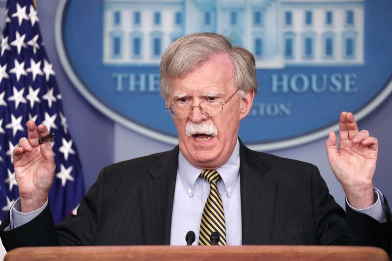 U.S. National Security Advisor John Bolton answers a question from a reporter about how he refers to Palestine during a news conference in the White House briefing room in Washington, U.S., October 3, 2018.    REUTERS/Jonathan Ernst