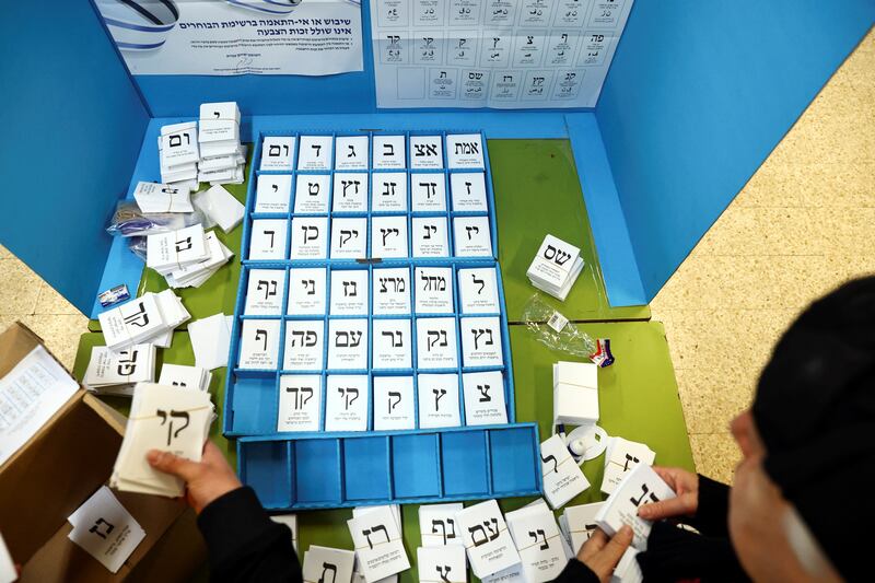 Officials sort ballot papers before a polling station opens to the voters of Kiryat Arba, a Jewish settlement in Hebron in the Israeli-occupied West Bank. Reuters