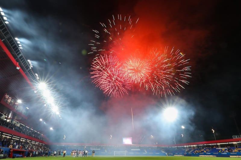 Fireworks take place after the game between Barcelona and Ajax. Getty