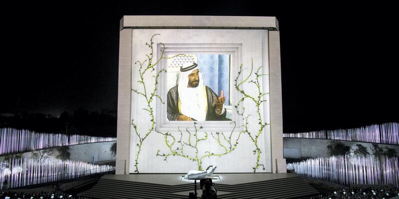 ABU DHABI, UNITED ARAB EMIRATES - February 26, 2018: A video of HH Sheikh Zayed bin Sultan bin Zayed Al Nahyan, President of the United Arab Emirates, is played during the inauguration of The Founder’s Memorial.  
( Ryan Carter for the Crown Prince Court - Abu Dhabi )
---