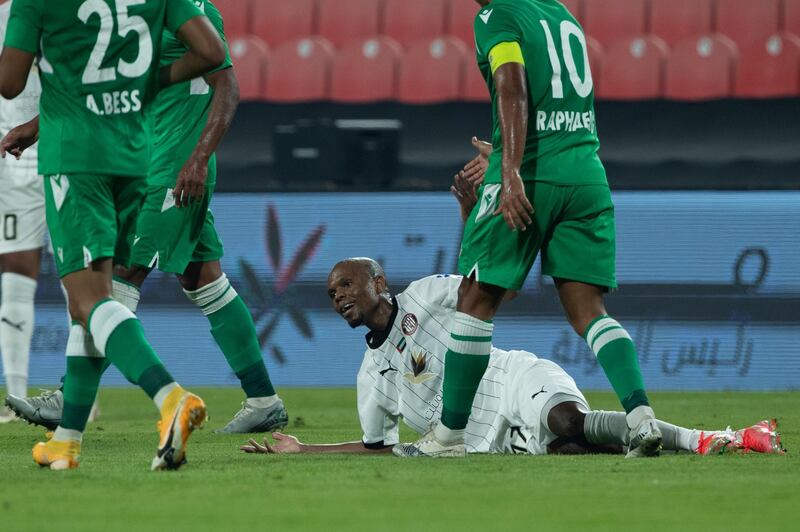 Arabian Gulf League final round: Al Jazira v Khorfakkan at Mohamed bin Zayed stadium. Serero of Jazira looks for a foul call during the first half of the game on May 11th, 2021. Victor Besa / The National.