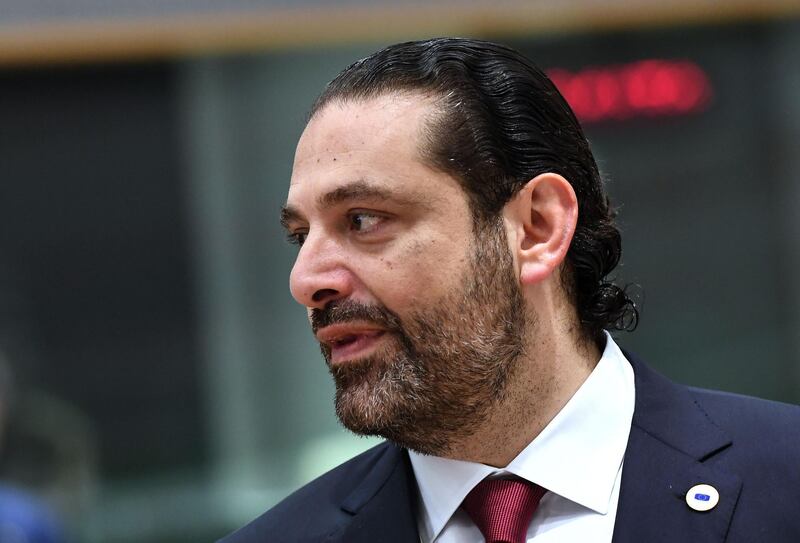 Lebanon's Prime Minister Saad Hariri attends a conference on "Supporting the future of Syria and the region"  at the European Council in Brussels on April 25, 2018.  
The EU on April 25, 2018 urged Russia and Iran to pressure Damascus to engage in talks to end Syria's bloody civil war, as international donors pledged billions of dollars to help civilians caught up in the conflict. More than 80 countries, aid groups and United Nations agencies are meeting in Brussels for the second day of a conference on the future of Syria, after the UN's special envoy warned of a looming humanitarian catastrophe in the rebel-held region of Idlib. / AFP PHOTO / Emmanuel DUNAND