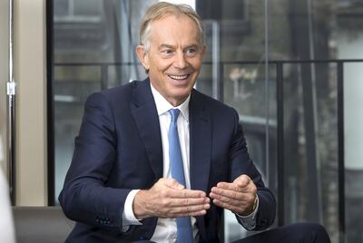 LONDON 19th October 2017. Former UK Prime Minister Tony Blair in his office in London as he is interviewed by Mina al-Oraibi, Editor in Chief of The National and London Bureau Chief Damien McElroy.  Stephen Lock for the National 