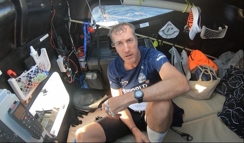 An exhausted Patrick Bol on board the ‘Year of Zayed’ trimaran. The rower said the team succeeded in highlighting plastic pollution in the oceans. Courtesy: Row4Ocean