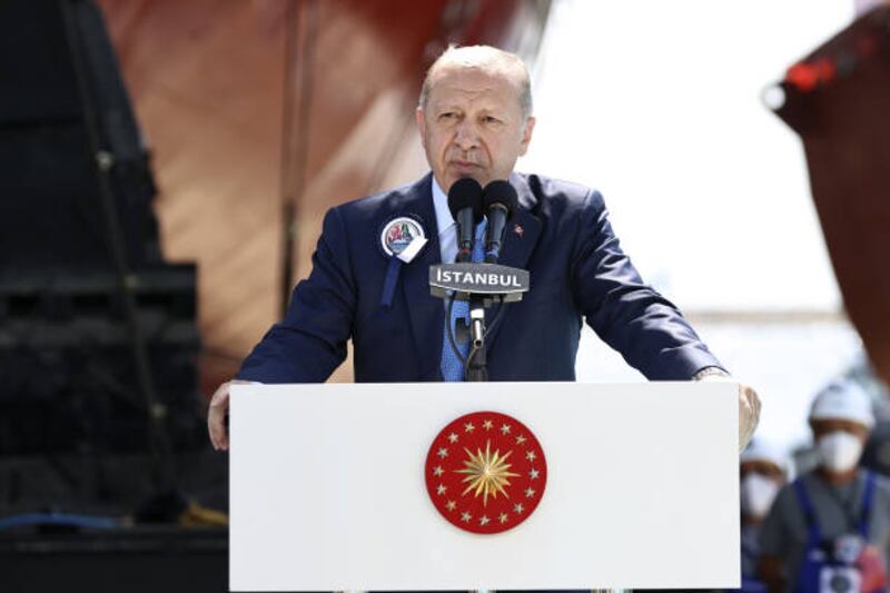 Turkish President Recep Tayyip Erdogan speaks at the launching ceremony of a boat built for the Pakistani Navy, in Istanbul, Turkey, on August 15. Getty