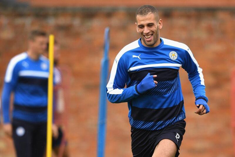 Islam Slimani of Leicester City warms up during a training session on Monday ahead of their Tuesday Champions League match against FC Porto. Michael Regan / Getty Images / September 26, 2016