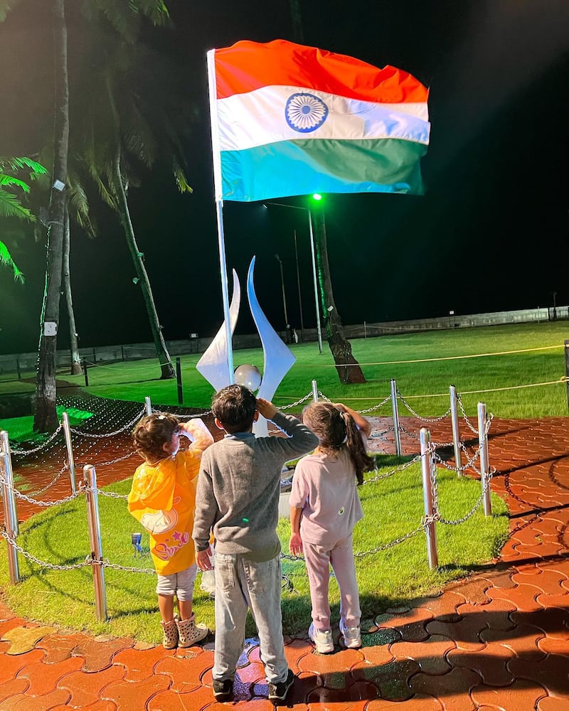 Actress Neha Dhupia posted this photo of her daughter Mehr and her friends saluting the Indian flag. Photo: Instagram / nehadhupia
