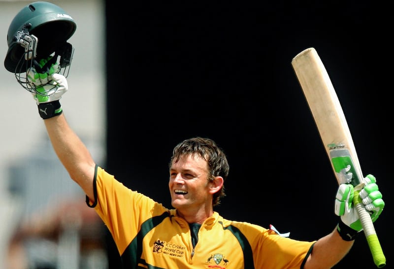 Australian cricketer Adam Gilchrist celebrates after completing his century during the final match of the ICC Cricket World Cup 2007 between Australia and Sri Lanka at the Kensington Oval in Bridgetown, 28 April 2007. Gilchrist made 149-runs before being dismissed as Australia scored 237-2 at the end of 33 overs as they bat first. AFP PHOTO/Jewel SAMAD (Photo by JEWEL SAMAD / AFP)