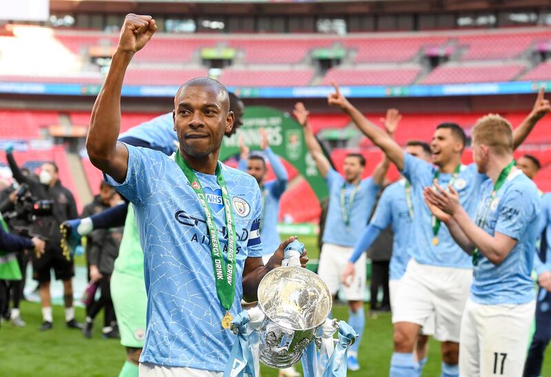 Manchester City's Fernandinho with the trophy. EPA