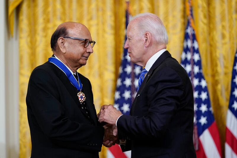Mr Biden awards the medal to Pakistani-American Khizr Khan, whose son US Army Capt Humayun Khan died in Iraq in 2004, in the East Room of the White House in Washington. AP