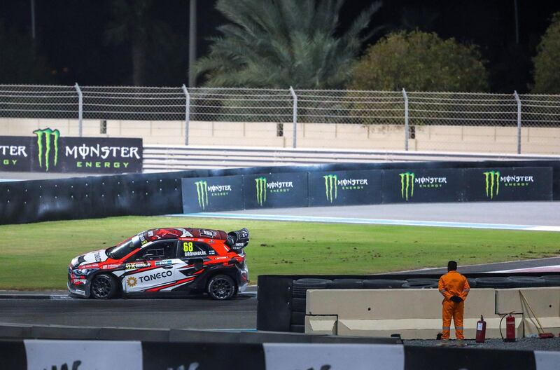 Abu Dhabi, April 6,2019.  FIA World Rallycross Championship at the Abu Dhabi, YAS Marina Circuit. --Final Race- Niclas Gronholm  (FIN) of  GRX Taneco wins the final race with his Hyundai i20.
Victor Besa/The National.
Section:  SP
Reporter:  Amith Passela