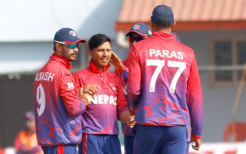 Sushan Bhari (c) of Nepal celebrates with teammates during the ICC Cricket World Cup League 2 match between Nepal and USA at TU Cricket Stadium on 12 Feb 2020 in Nepal