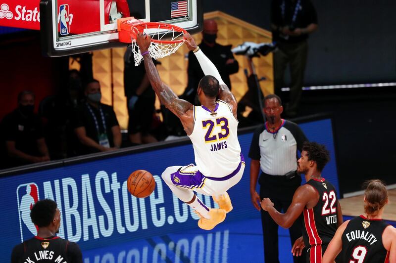 Los Angeles Lakers forward LeBron James dunks against Miami. USA TODAY Sports