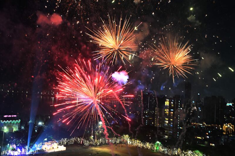 Fireworks light up the night sky during Diwali, the Hindu Festival of Lights, in Mumbai on November 12, 2023.  (Photo by INDRANIL MUKHERJEE  /  AFP)