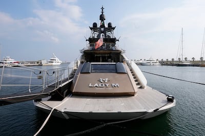 A view of the yacht 'Lady M', owned by Russian oligarch Alexei Mordashov, where it is docked at Imperia's harbour, Italy. AP