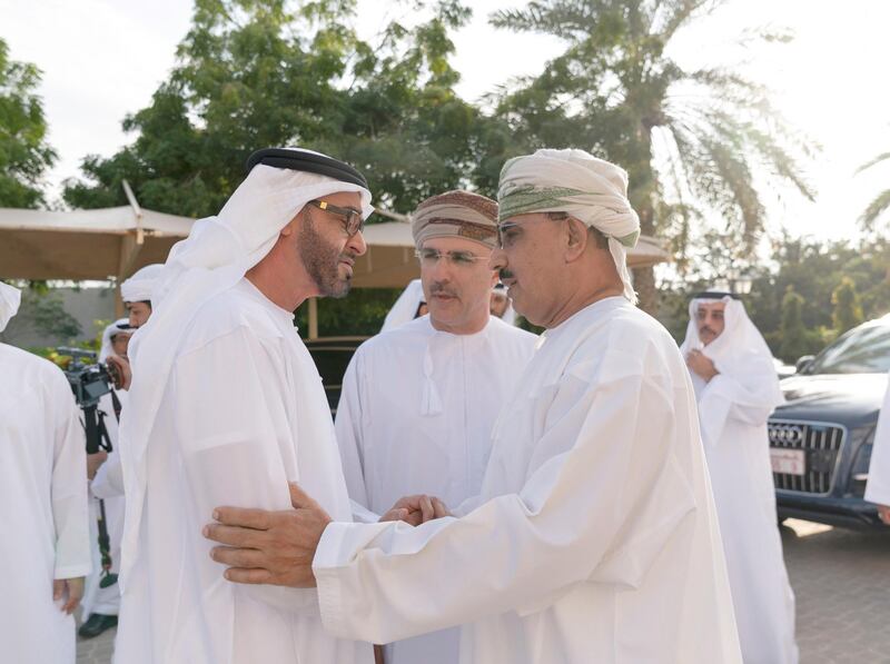 MUSCAT, OMAN - December 12, 2019: HH Sheikh Mohamed bin Zayed Al Nahyan, Crown Prince of Abu Dhabi and Deputy Supreme Commander of the UAE Armed Forces (L), offers condolences to Abdullah bin Ali Al Araimi (R) on the death of his son Muhammad. 

( Mohamed Al Hammadi / Ministry of Presidential Affairs )
---