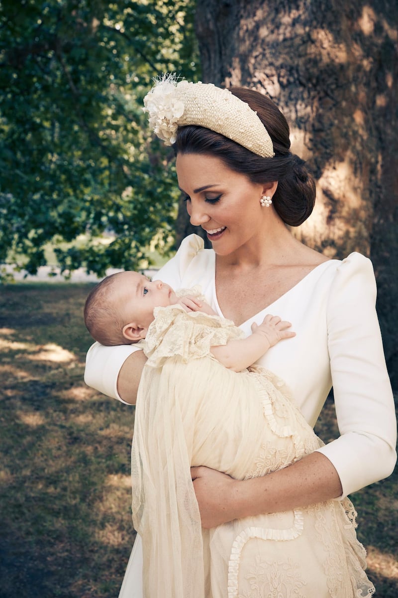A photo from Prince Louis' July 9 christening, featuring the Duchess of Cambridge and her baby boy. Kensington Palace via AP