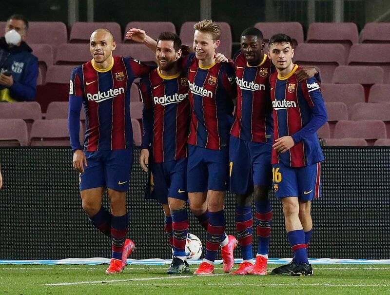 Barcelona's Lionel Messi celebrates scoring their second goal. Reuters