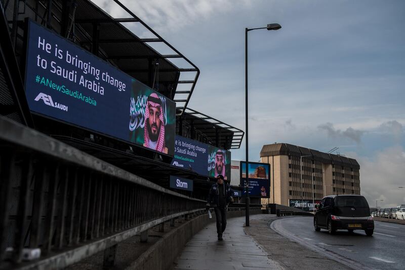 LONDON, ENGLAND - MARCH 07:  An electronic billboard shows an advert for Saudi Crown Prince Mohammed bin Salman with the hashtag '#ANewSaudiArabia' next to the A4 West Cromwell Road on March 7, 2018 in London, England. Saudi Crown Prince Mohammed bin Salman has made wide-ranging changes at home supporting a more liberal Islam. Whilst visiting the UK he will meet with several members of the Royal family and the Prime Minister.  (Photo by Chris J Ratcliffe/Getty Images)