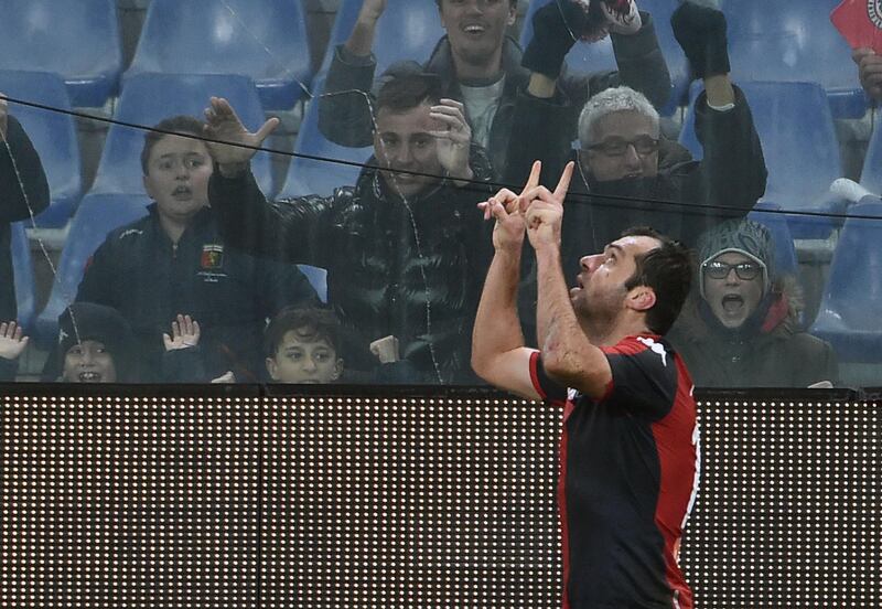 GENOA, ITALY - JANUARY 05: Goran Pandev of Genoa CFC celebrates after scoring his first goal during the Serie A match between Genoa CFC and US Sassuolo at Stadio Luigi Ferraris on January 5, 2020 in Genoa, Italy. (Photo by Paolo Rattini/Getty Images)