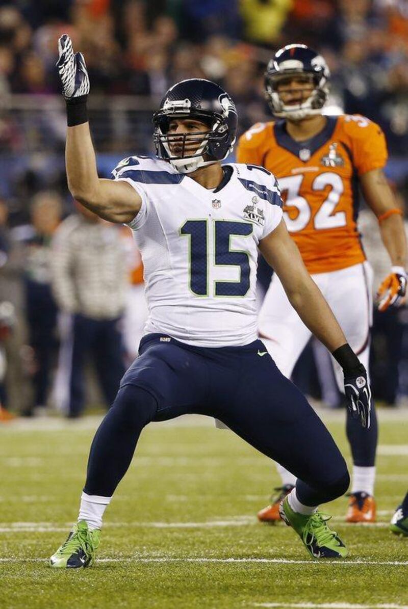 Seattle Seahawks wide receiver Jermaine Kearse celebrates after a play during the Super Bowl. Tannen Maury / EPA