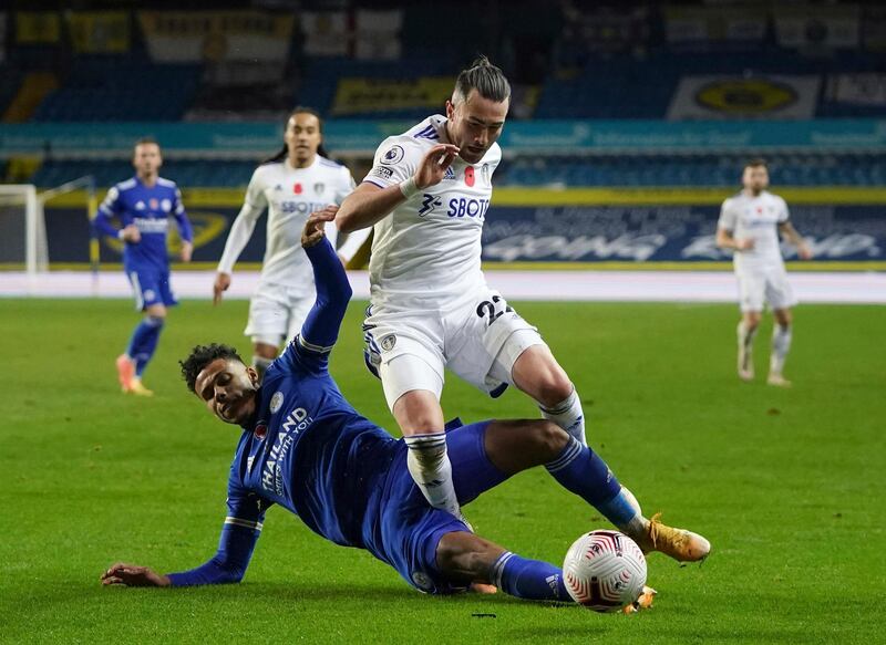 Jack Harrison 7 – Grew into the game and was impressive at the start of the second period. He dealt with Vardy well and quite often showed excellent pace to steal the ball from the Leicester forward.. AP Photo