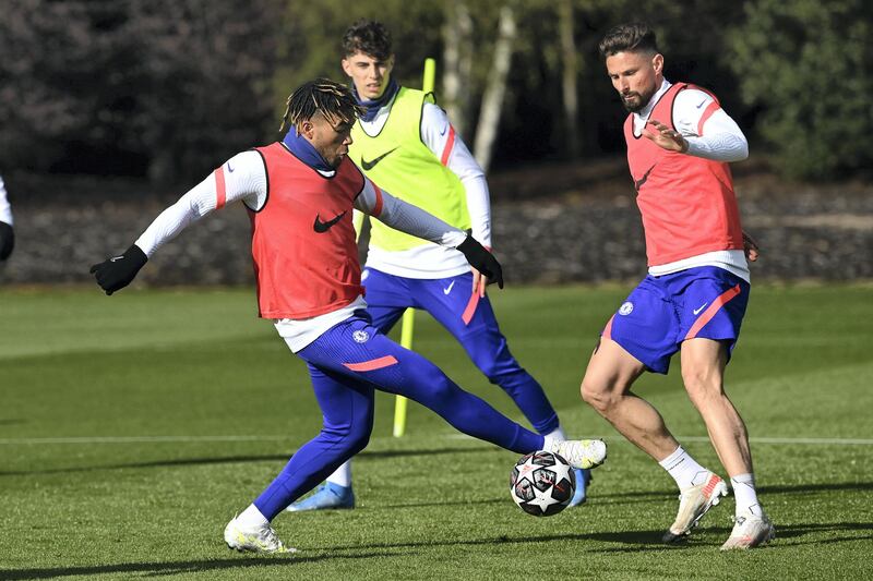 COBHAM, ENGLAND - MAY 04:  Reece James and Olivier Giroud of Chelsea during a training session at Chelsea Training Ground on May 4, 2021 in Cobham, England. (Photo by Darren Walsh/Chelsea FC via Getty Images)