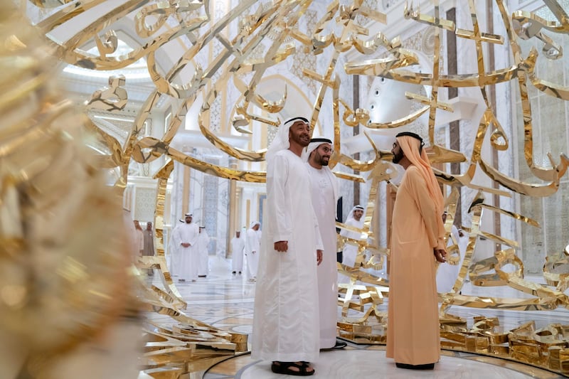 ABU DHABI, UNITED ARAB EMIRATES - March 10, 2019: HH Sheikh Mohamed bin Zayed Al Nahyan, Crown Prince of Abu Dhabi and Deputy Supreme Commander of the UAE Armed Forces (L) and HH Sheikh Mohamed bin Rashid Al Maktoum, Vice-President, Prime Minister of the UAE, Ruler of Dubai and Minister of Defence (R), tour the Qasr Al Watan. Seen with HE Mohamed Khalifa Al Mubarak, Chairman of the Department of Culture and Tourism and Abu Dhabi Executive Council Member (C).
( Mohamed Al Raeesi for the Ministry of Presidential Affairs )
---