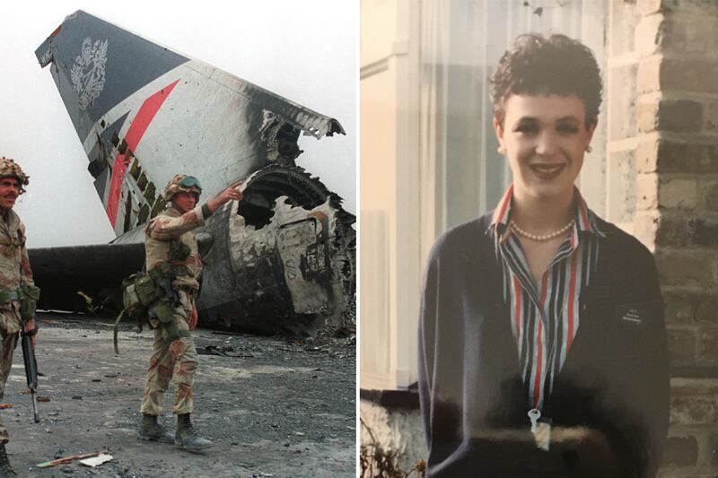 US troops in Kuwait survey the wreckage of BA flight 149, left, on which former BA flight attendant Nicola Dowling, right, was working. Reuters / Nicola Dowling