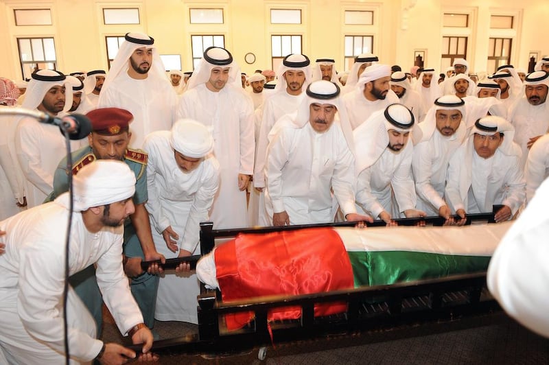 Sheikh Saud bin Rashid, Ruler of Umm Al Quwain, at the funeral for Saeed Obaid bin Fadel Al Ali. Hussam Al Baz / Al Ittihad